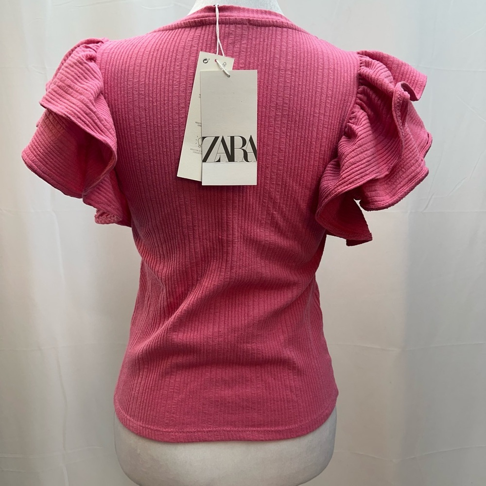 Zara Pink Ribbed Short Sleeve Ruffle Top - Picture 4 of 6